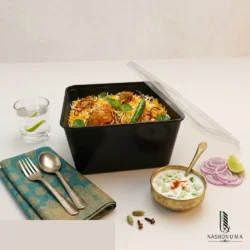 Disposable Black Plastic Food Container with Lid in Pakistan